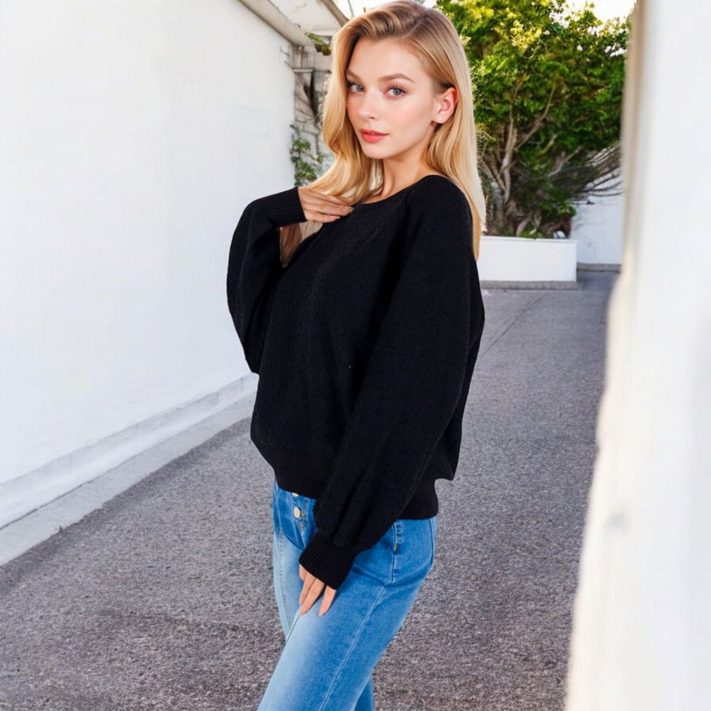 Long Sleeve Ribbed Knit Pullover Sweater with Crew Neck