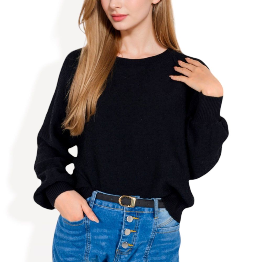 Long Sleeve Ribbed Knit Pullover Sweater with Crew Neck