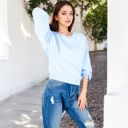 Blue Large Long Sleeve Ribbed Knit Pullover Sweater with Crew Neck