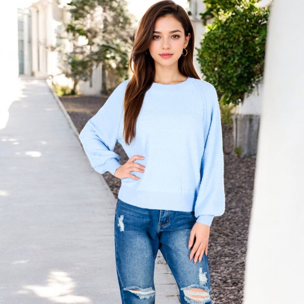 Long Sleeve Ribbed Knit Pullover Sweater with Crew Neck