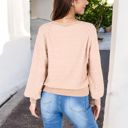 Beige Large Long Sleeve Ribbed Knit Pullover Sweater with Crew Neck