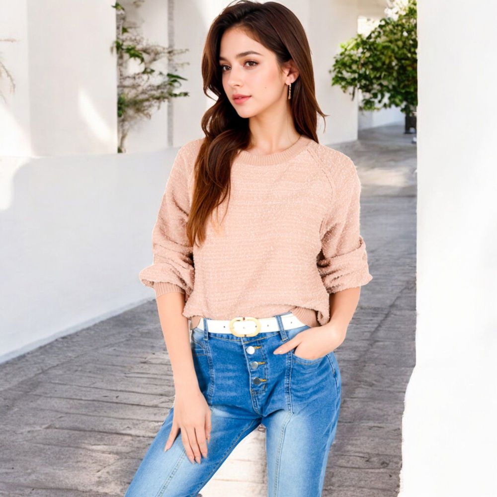 Long Sleeve Ribbed Knit Pullover Sweater with Crew Neck