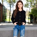 Black Large Button-Up Knit Cardigan with Long Sleeves