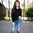 Black Large Button-Up Knit Cardigan with Long Sleeves