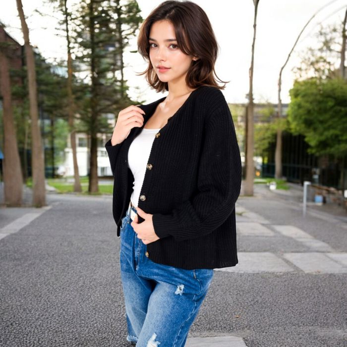 Button-Up Knit Cardigan with Long Sleeves