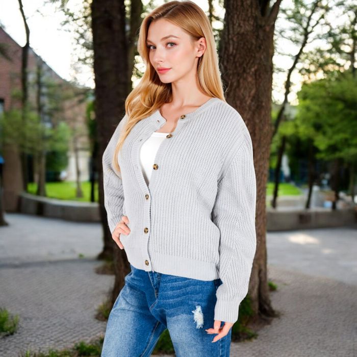 Button-Up Knit Cardigan with Long Sleeves