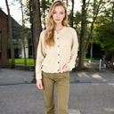 Beige Large Button-Up Knit Cardigan with Long Sleeves