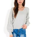 Gray Large Textured Knit Sweater with Pom Pom Detailing and Balloon Sleeves