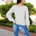 Gray Medium Textured Knit Sweater with Pom Pom Detailing and Balloon Sleeves