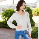 Gray Medium Textured Knit Sweater with Pom Pom Detailing and Balloon Sleeves