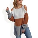  Color Block Knit Sweater with Cold Shoulder Detail