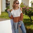 Brown Large Color Block Knit Sweater with Cold Shoulder Detail