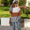 Brown Large Color Block Knit Sweater with Cold Shoulder Detail