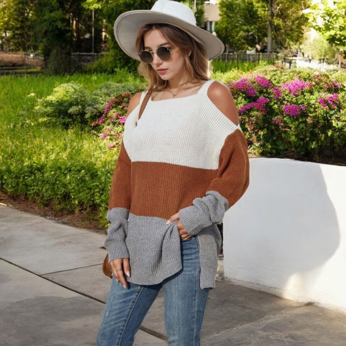 Color Block Knit Sweater with Cold Shoulder Detail