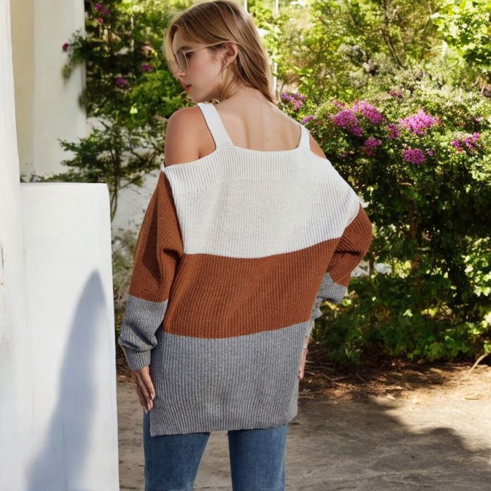 Color Block Knit Sweater with Cold Shoulder Detail