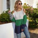 Green Large Color Block Knit Sweater with Cold Shoulder Detail