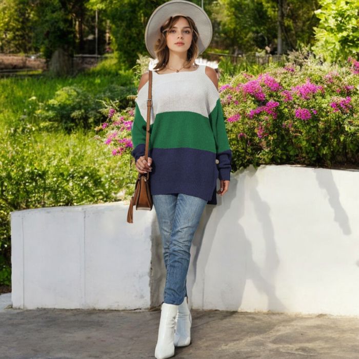 Color Block Knit Sweater with Cold Shoulder Detail