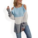 Blue Large Color Block Knit Sweater with Cold Shoulder Detail