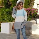 Blue Large Color Block Knit Sweater with Cold Shoulder Detail