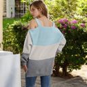 Blue Large Color Block Knit Sweater with Cold Shoulder Detail