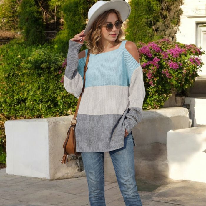 Color Block Knit Sweater with Cold Shoulder Detail