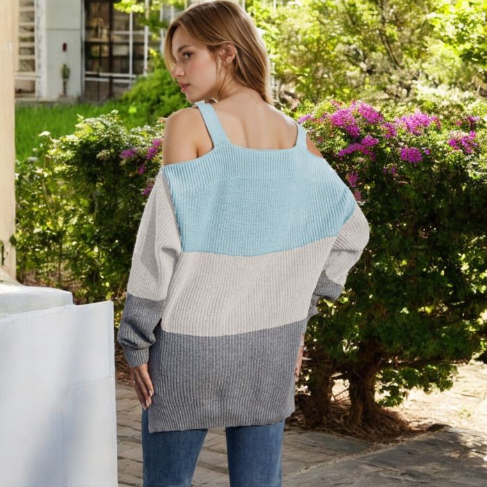 Color Block Knit Sweater with Cold Shoulder Detail