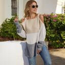 Beige Large Color Block Knit Sweater with Cold Shoulder Detail