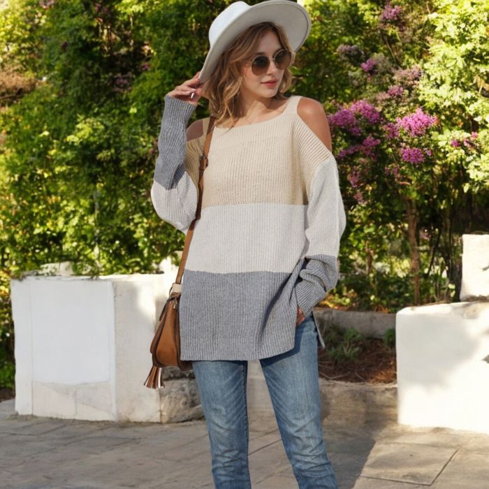 Color Block Knit Sweater with Cold Shoulder Detail