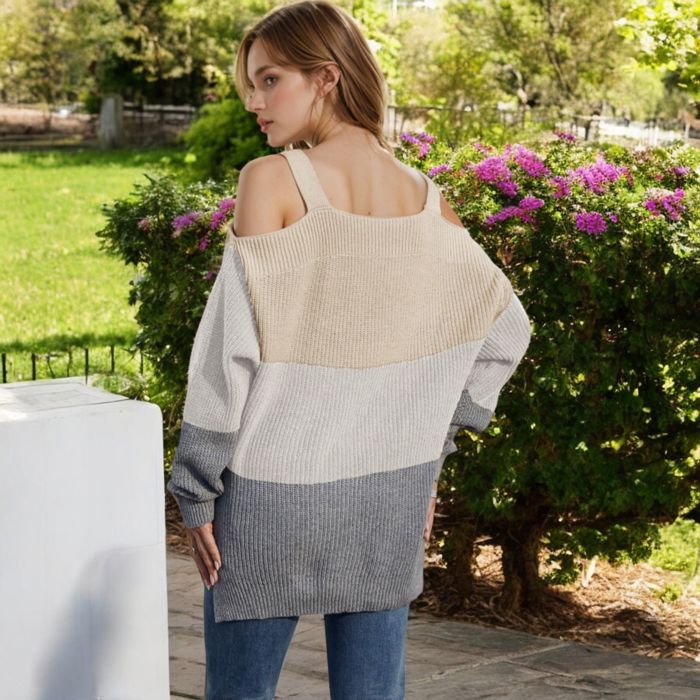 Color Block Knit Sweater with Cold Shoulder Detail