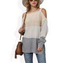 Beige XL Color Block Knit Sweater with Cold Shoulder Detail