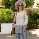 Beige XL Color Block Knit Sweater with Cold Shoulder Detail