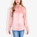 Pink Large Long Sleeve Satin Button-Down Blouse with Zebra Print and Smocked Cuffs Elegant Top for Office or Casual Wear