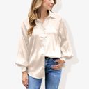 Beige XXL Long Sleeve Satin Button-Down Blouse with Zebra Print and Smocked Cuffs Elegant Top for Office or Casual Wear