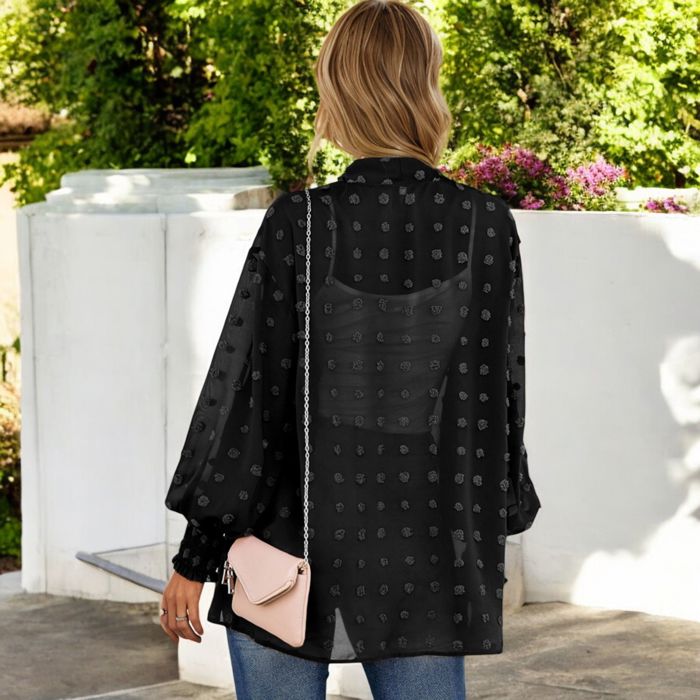 Sheer Chiffon Kimono with Textured Floral Design and Smocked Cuffs