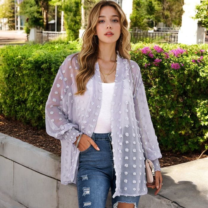 Sheer Chiffon Kimono with Textured Floral Design and Smocked Cuffs