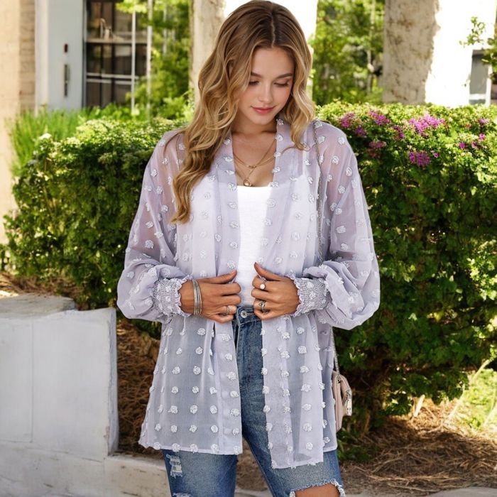 Sheer Chiffon Kimono with Textured Floral Design and Smocked Cuffs