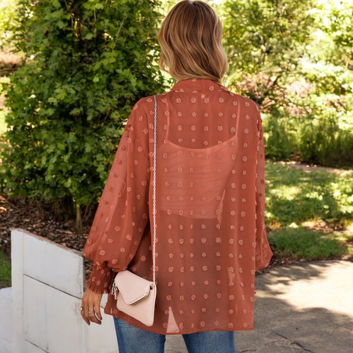 Sheer Chiffon Kimono with Textured Floral Design and Smocked Cuffs