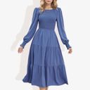  Long Sleeve Smocked Maxi Dress with Tiered Skirt and Elegant Crew Neck Design for Stylish Casual Wear