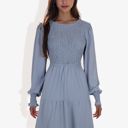  Long Sleeve Smocked Maxi Dress with Tiered Skirt and Elegant Crew Neck Design for Stylish Casual Wear