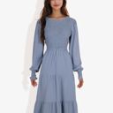  Long Sleeve Smocked Maxi Dress with Tiered Skirt and Elegant Crew Neck Design for Stylish Casual Wear