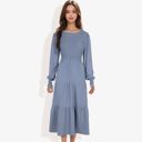  Long Sleeve Smocked Maxi Dress with Tiered Skirt and Elegant Crew Neck Design for Stylish Casual Wear