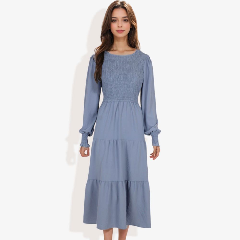 Long Sleeve Smocked Maxi Dress with Tiered Skirt and Elegant Crew Neck Design for Stylish Casual Wear