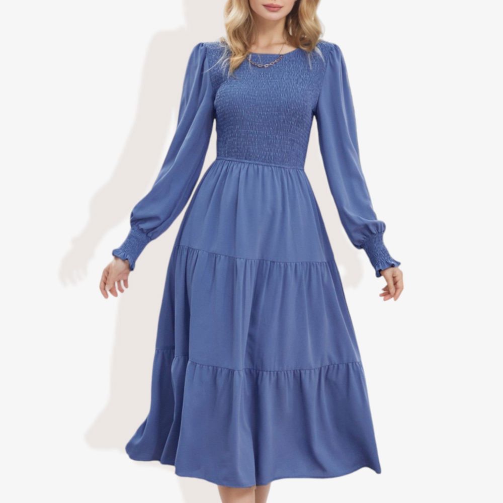 Long Sleeve Smocked Maxi Dress with Tiered Skirt and Elegant Crew Neck Design for Stylish Casual Wear