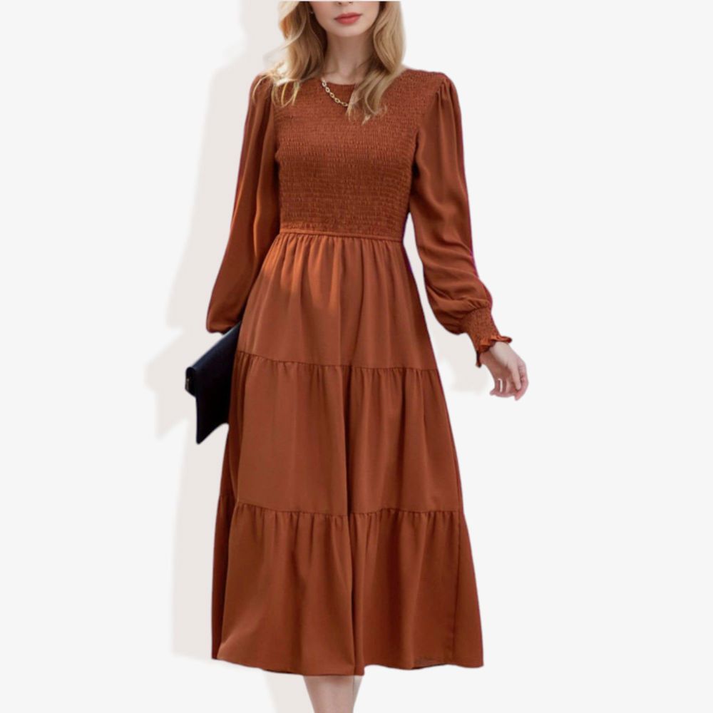 Long Sleeve Smocked Maxi Dress with Tiered Skirt and Elegant Crew Neck Design for Stylish Casual Wear