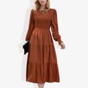 Red Large Long Sleeve Smocked Maxi Dress with Tiered Skirt and Elegant Crew Neck Design for Stylish Casual Wear