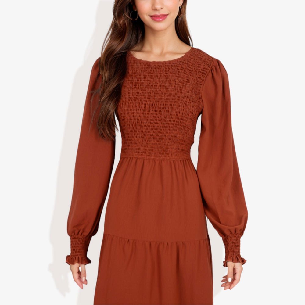 Long Sleeve Smocked Maxi Dress with Tiered Skirt and Elegant Crew Neck Design for Stylish Casual Wear