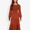 Red Large Long Sleeve Smocked Maxi Dress with Tiered Skirt and Elegant Crew Neck Design for Stylish Casual Wear