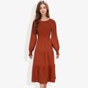 Red Large Long Sleeve Smocked Maxi Dress with Tiered Skirt and Elegant Crew Neck Design for Stylish Casual Wear