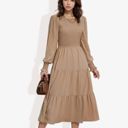 Beige Large Long Sleeve Smocked Maxi Dress with Tiered Skirt and Elegant Crew Neck Design for Stylish Casual Wear