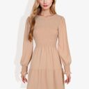 Beige Large Long Sleeve Smocked Maxi Dress with Tiered Skirt and Elegant Crew Neck Design for Stylish Casual Wear